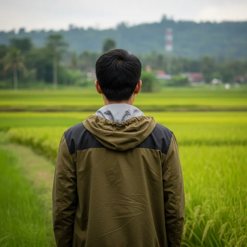 Man Walking in Indonesian Rice Field Landscape Man Walking in Indonesian Rice Field Landscape