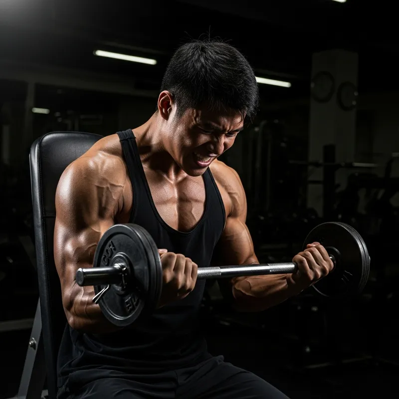 Intense Asian Bodybuilder Workout in Dimly Lit Gym