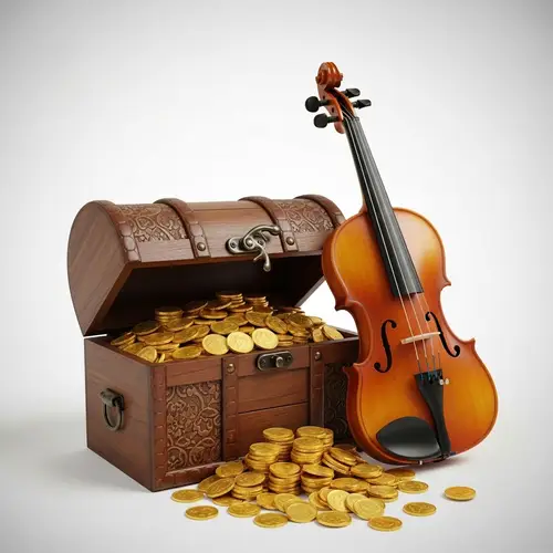 Antique Treasure Chest and Violin on White Background