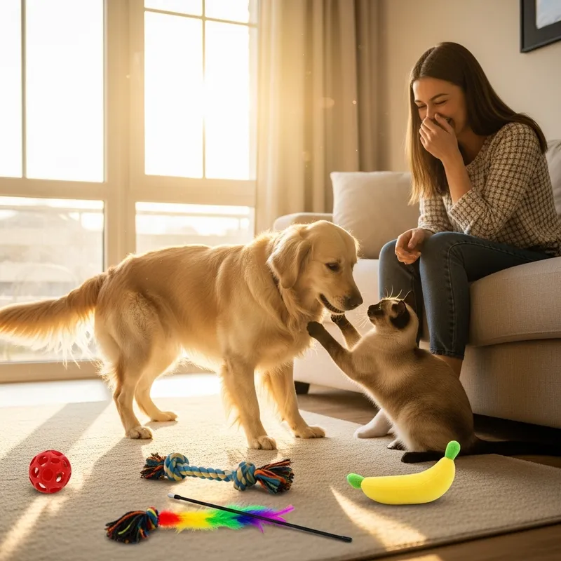 Dog and Cat Playfully Compete for Attention