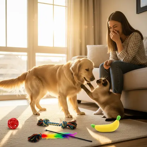 Dog and Cat Playfully Compete for Attention