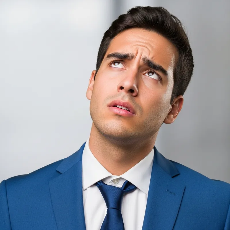 Young Man in Blue Business Suit with Head Spinning in Stress Mask