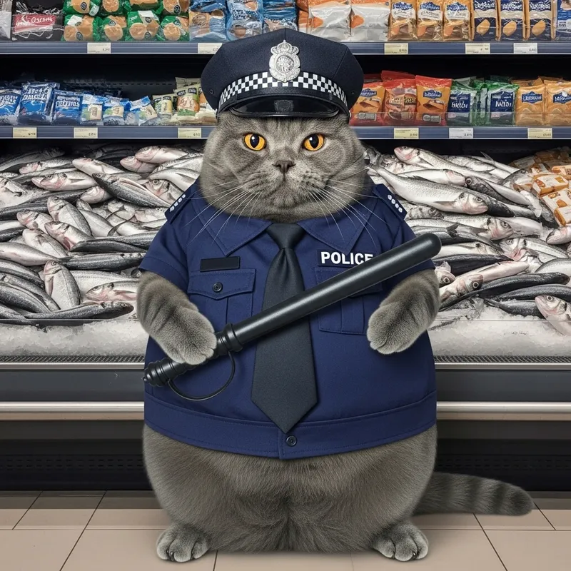Thick British Cat Police Officer with Rubber Baton in Fish Market