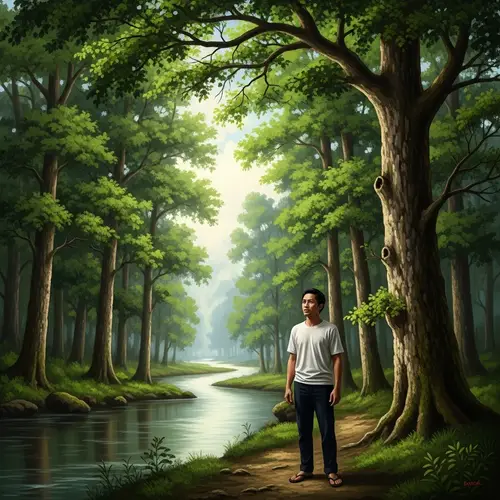 Filipino Man in Nature: Tranquil Landscape Painting