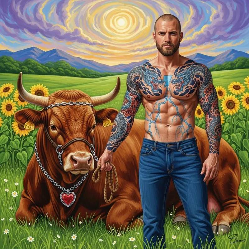Serene Bull & Man in Colorful Field Painting Serene Bull & Man in Colorful Field Painting