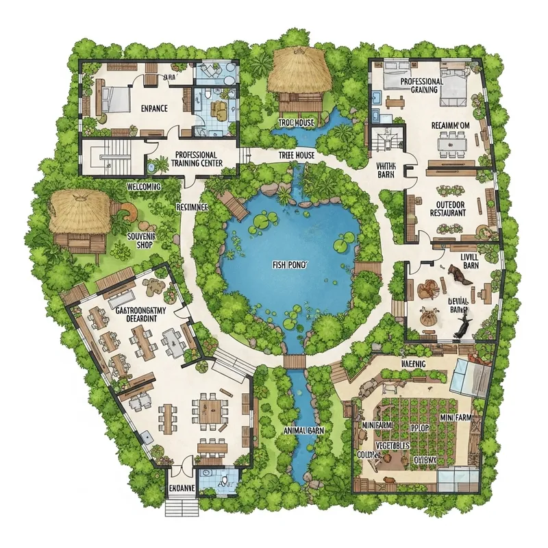 Nature-Inspired Floor Plan: Fishpond, Receiving Area, Souvenir Shop, Training Center, Tree House, Nipa Hut, Wellness Spa, Restaurant