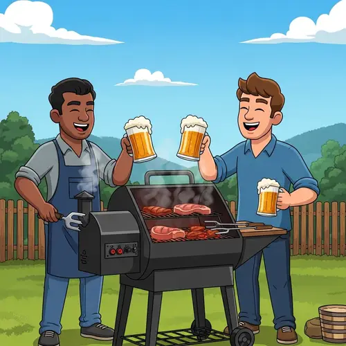 Cartoon Hillbillies Smoking Meat on Pellet Grill and Drinking Beer