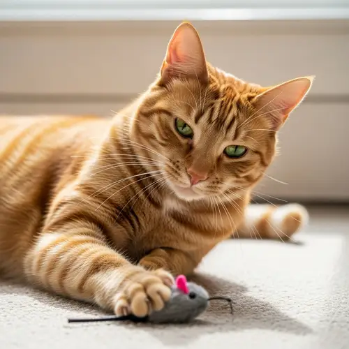 Playful Tabby Cat Lounging on Carpeted Floor
