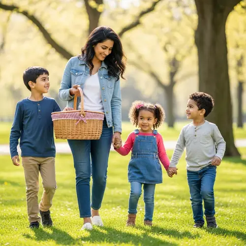 Beautiful Moment of Mother and Children in a Sunny Park