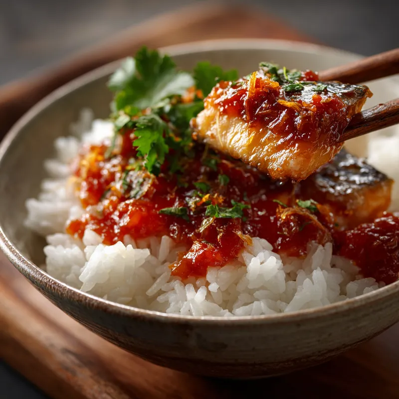 Mackerel in Tomato-Chili Sauce Over Rice