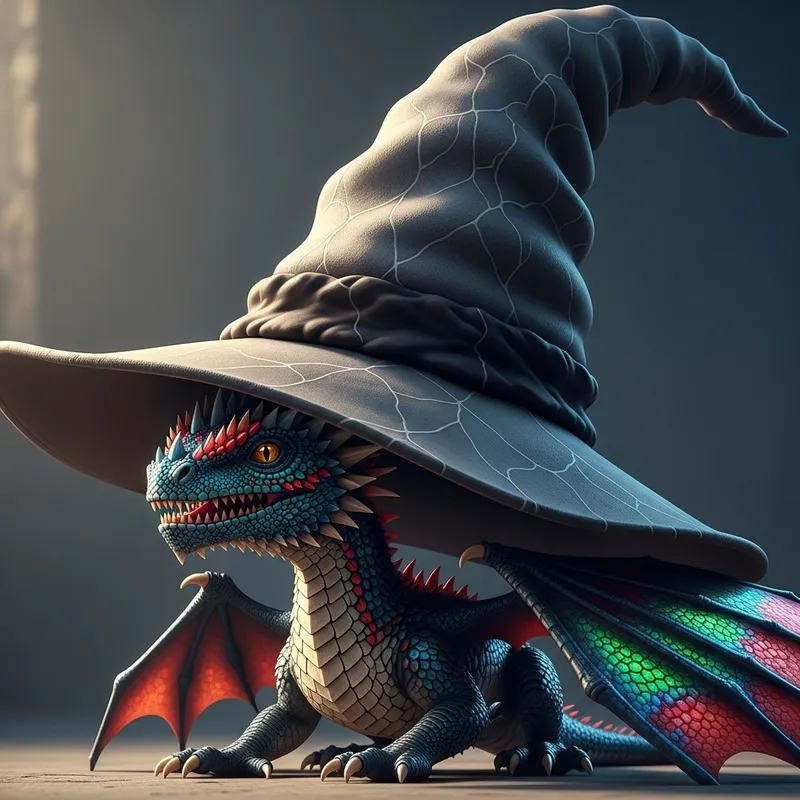 Fantastical Tiny Dragon with Shimmering Scales and Huge Wizard Hat
