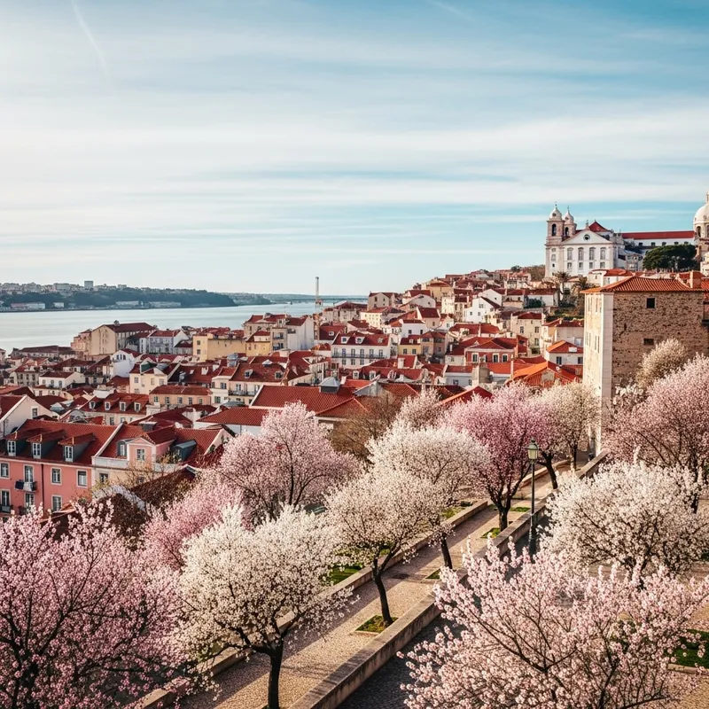 Beautiful Almond Trees in Lisbon Cityscape