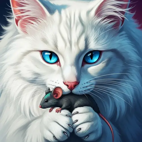 Majestic White Cat Digital Painting with Sapphire Eyes