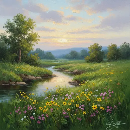 Lush Green Landscape with Wildflowers | Impressionist Art