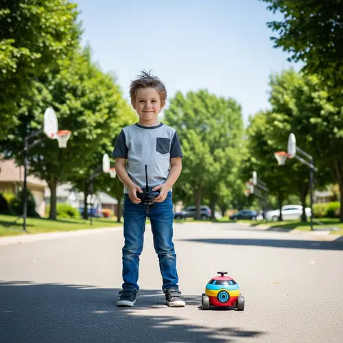 Young Boy in Casual Clothes Enjoying Sunny Day in Suburban Neighborhood