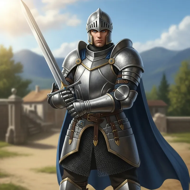 Medieval Knight with Striking Blue Eyes in Fantasy Battle Scene