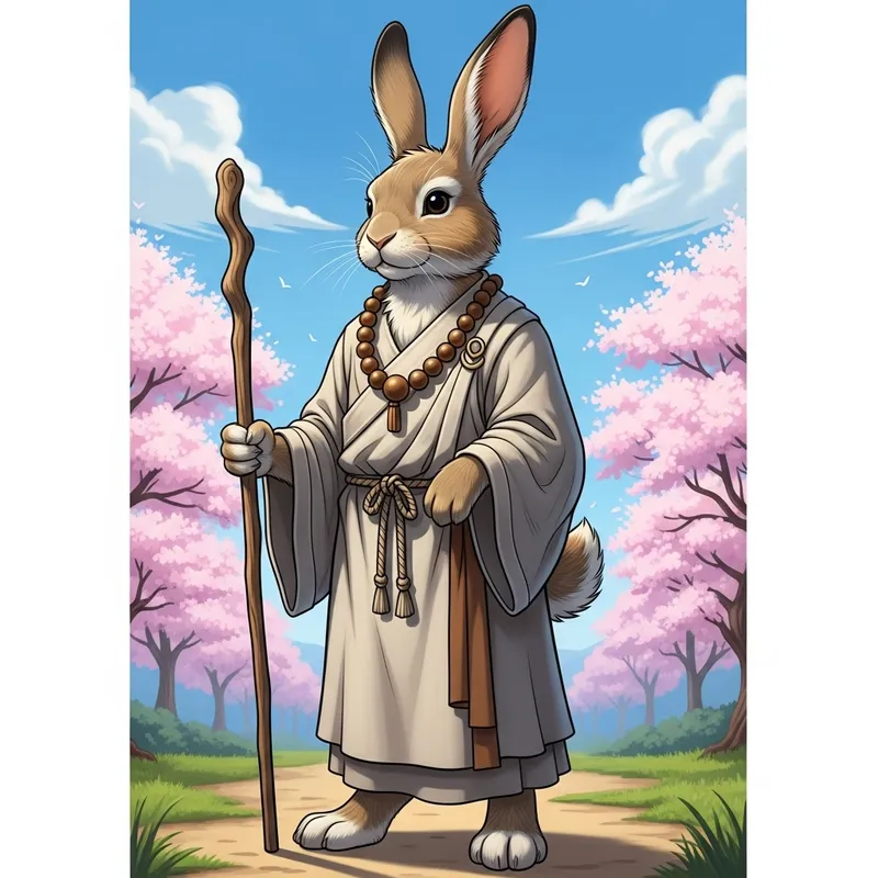 Anthropomorphic Monk Rabbit - Tranquil Cherry Blossom Landscape
