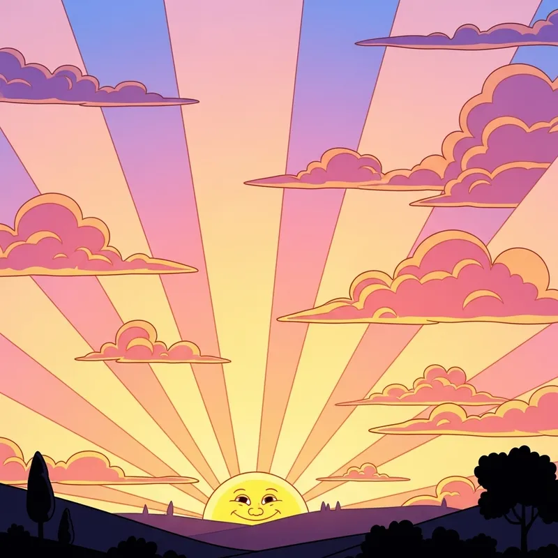 Cartoon Morning Sun Rise in Pink & Gold Sky