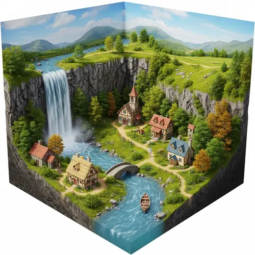 3D Waterfall Scene with Tranquil Village and Lush Greenery