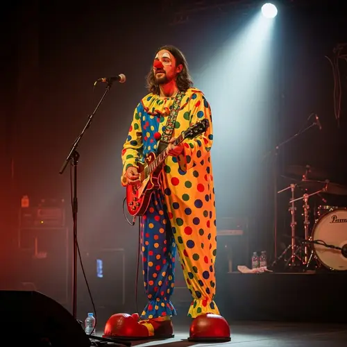 Colorful Clown Musician with Guitar on Stage