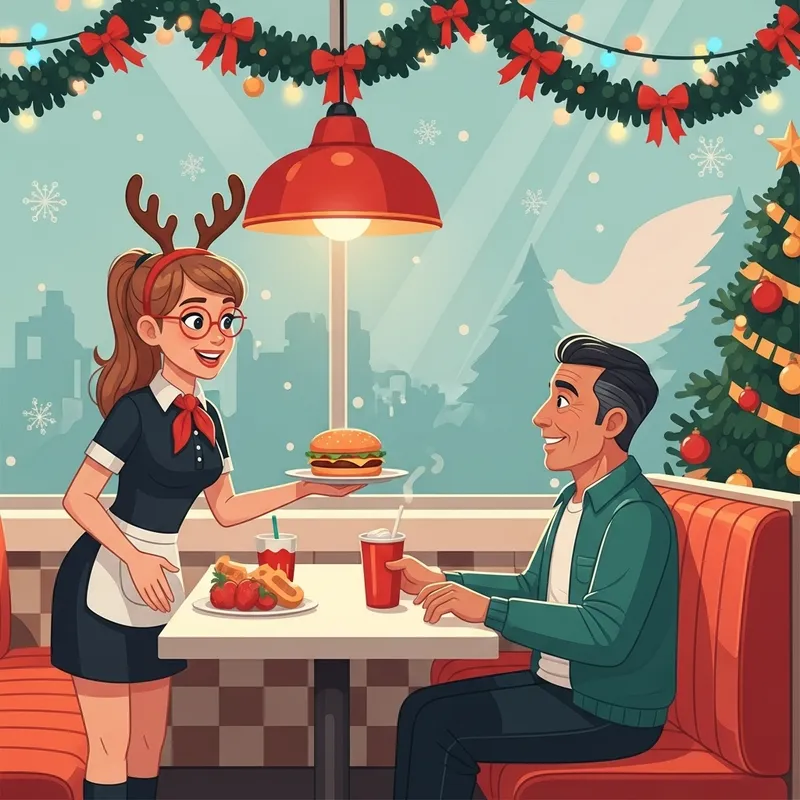 Heartwarming Christmas Fast Food Scene with Festive Service