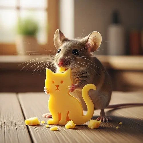 Mouse Eating Cat-Shaped Cheese: Adorable Image
