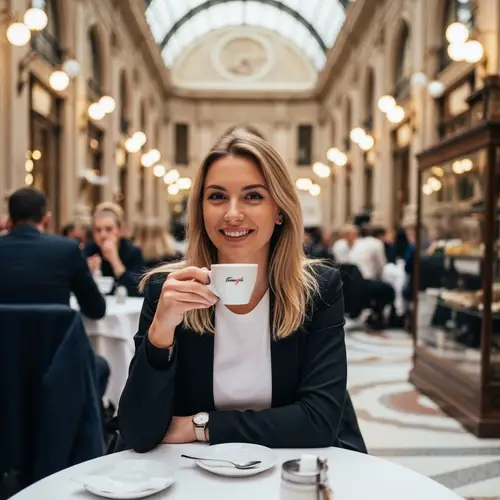 Radiant Italian Woman Enjoying Coffee in Stylish Cafe