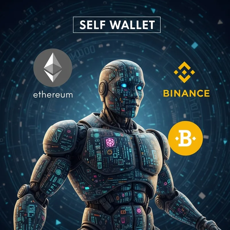 Giant Robot in Blockchain Ecosystem with SEFL Wallet and Crypto Logos