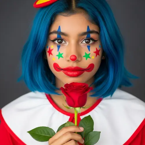 Whimsical South Asian Clown Girl with Blue Hair and Red Rose