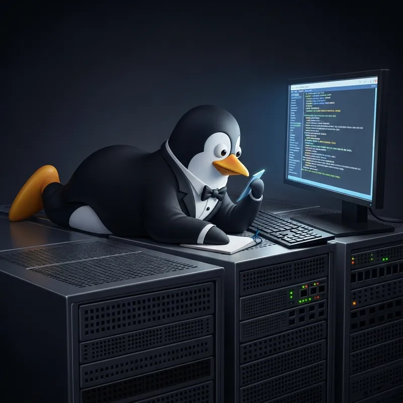 Tux Penguin on Server Stack Managing Network | Tech-Savvy Server Penguin