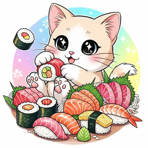 Cute Anime Cat Surrounded by Sushi and Sashimi