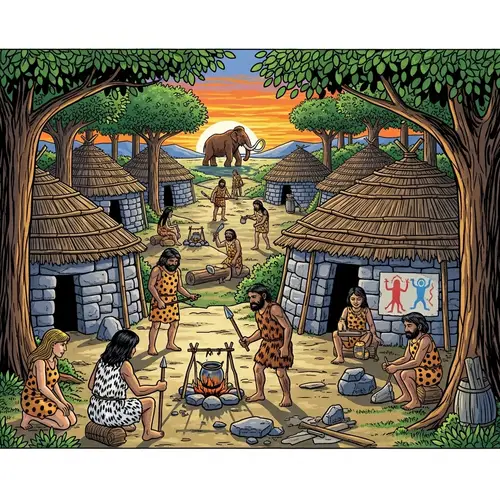 Colorful Stone Age Scene | Primitive Era Illustration
