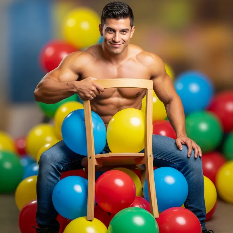 Shirtless Guy Pops Balloons Sitting on Chair | Fun Scene