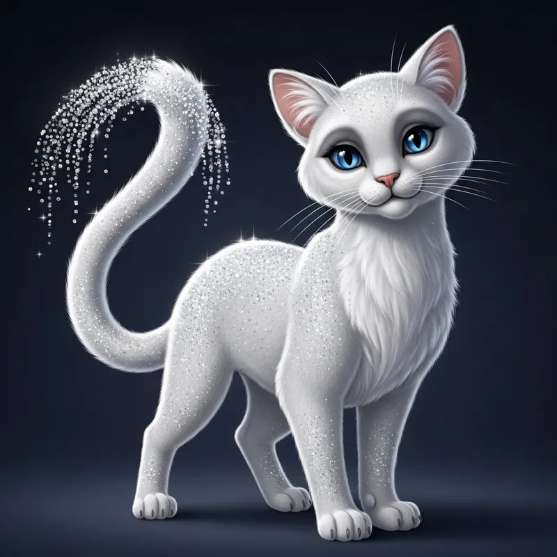 Enchanting White Cat with Sparkling Silver Coat and Magic Tail | Ghibli-Style Fantasy Art