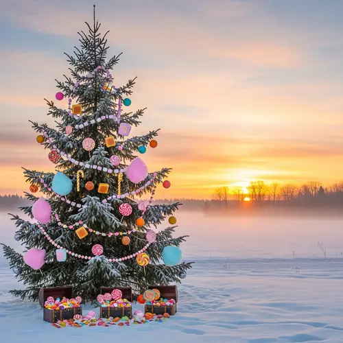 Winter Sunrise Over Snow-Covered Field with Decorated Spruce Tree