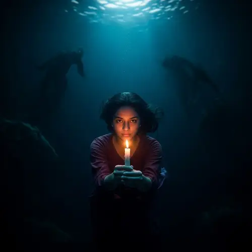Young Hispanic Female Submerged in Dark Water with Glowing Candle
