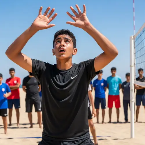 Middle-Eastern Boy Playing Volleyball on Sandy Beach