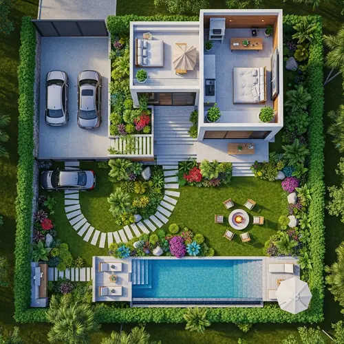 Modern Geometric House with Lush Plants, Pool, and Entertainment Area