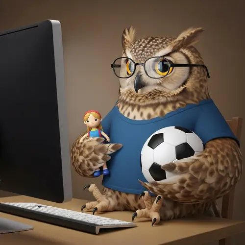 Scholarly Owl on Desktop with Mini Doll and Soccer Ball