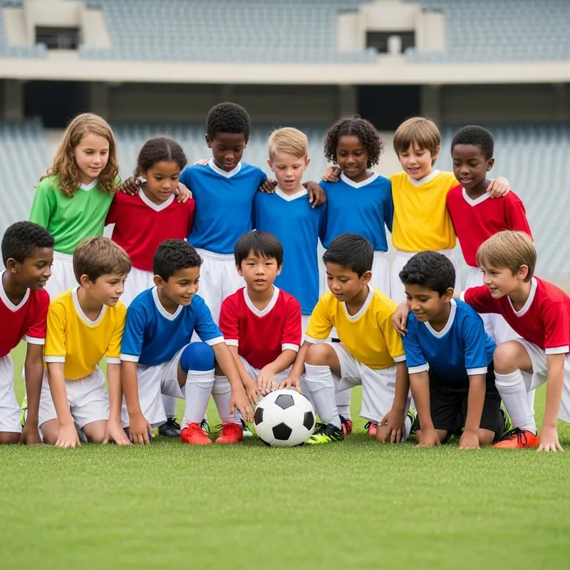 Kids Soccer Team Posed with Ball on Stadium Field