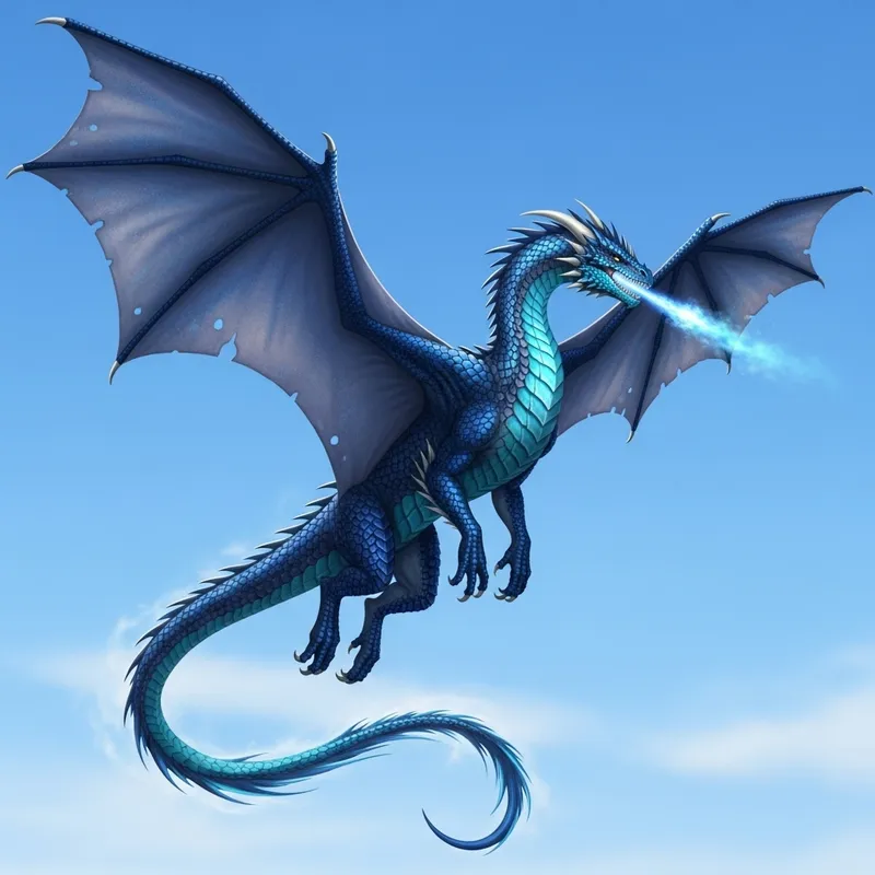 Majestic Blue Dragon Soaring Across Azure Skies