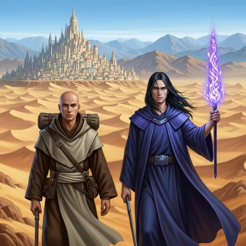20-Year-Old Monk and Sorcerer in Colorful Fantasy Desert Scene