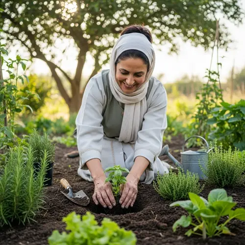 Middle-Aged Arab Woman Planting Green Plants in Garden