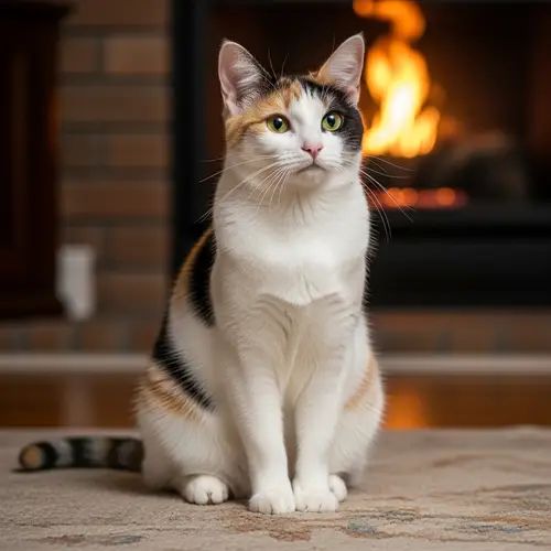 Multi-Hued Domestic Cat on Cozy Rug | Charming Cat with Almond Eyes