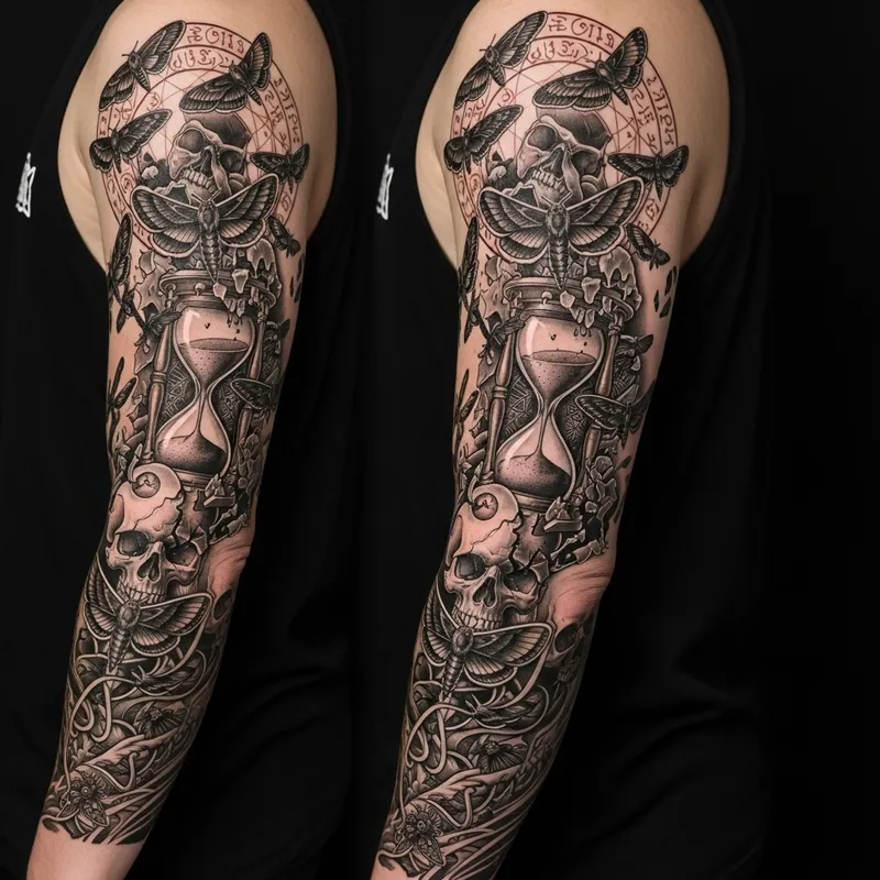 Enigmatic Arm Tattoo: Entropy & Mortality Symbols