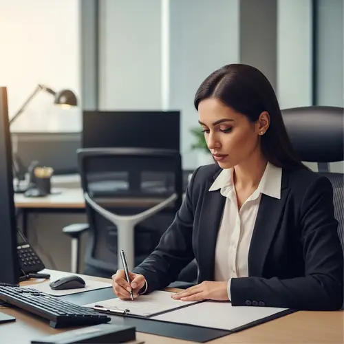 Modern Office Setting: Businesswoman Focused on Document