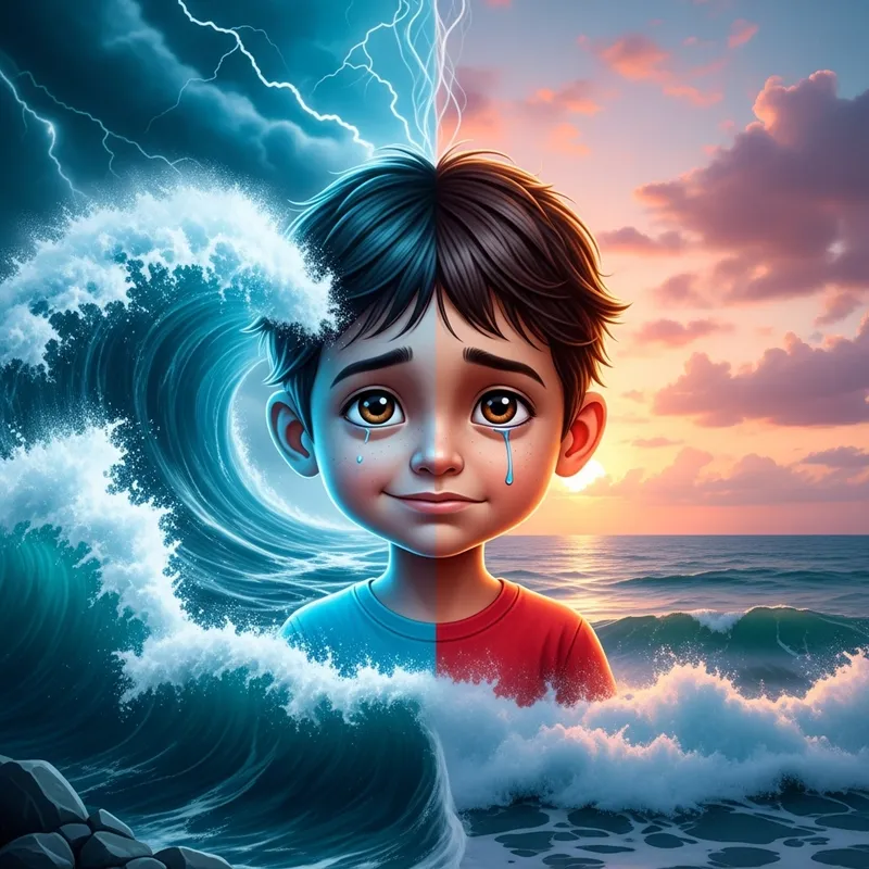 Hispanic Little Boy with Happy and Sad Expressions in Stormy Sea and Sunrise Scene