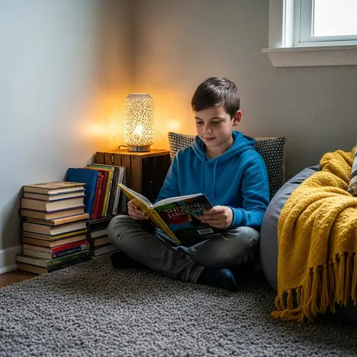 Realistic Image of Caucasian Boy Sitting in Cozy Corner Inside House