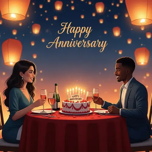 Romantic Anniversary Celebration with Sparkling Wine and Cake