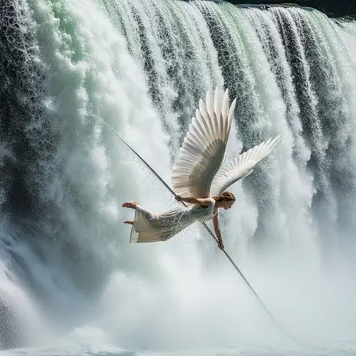 Graceful Angel Slicing Waterfall with Ethereal Wing